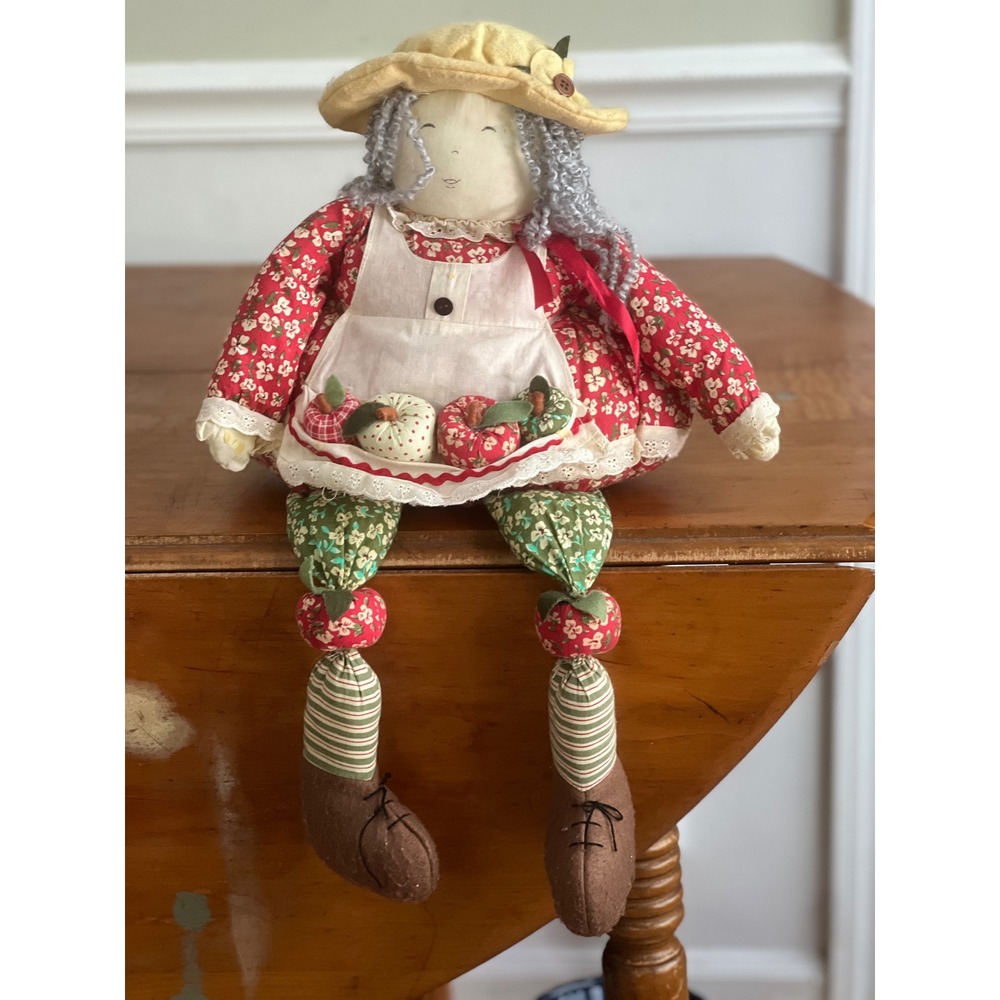 CBOCS Granny Apple Picker Shelf Sitter Doll 18" Weighted Fabric Red Floral Fall